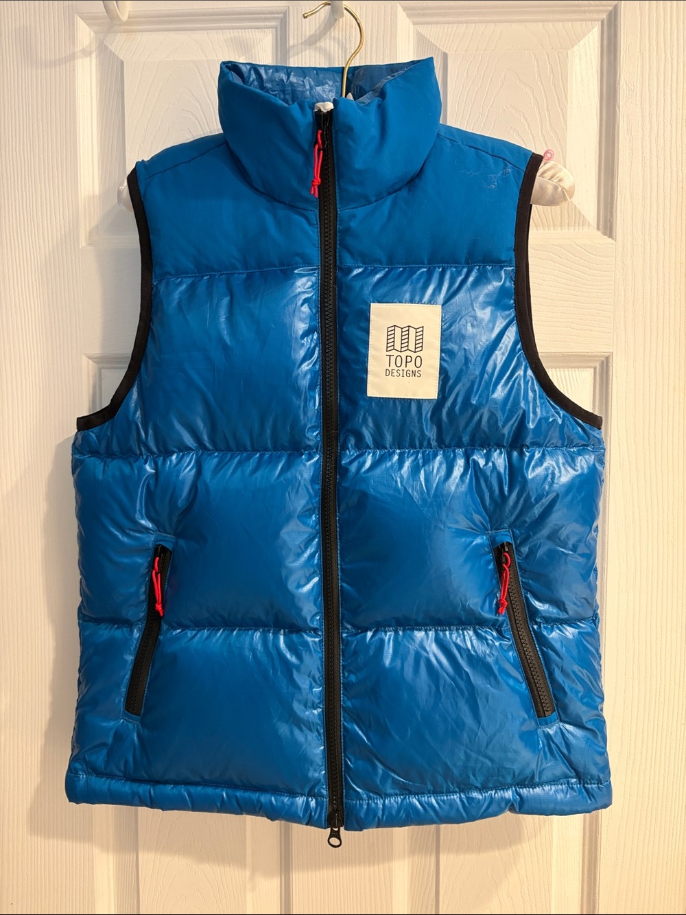 Topo Designs Bright Blue Puffer Vest with Red Accents
